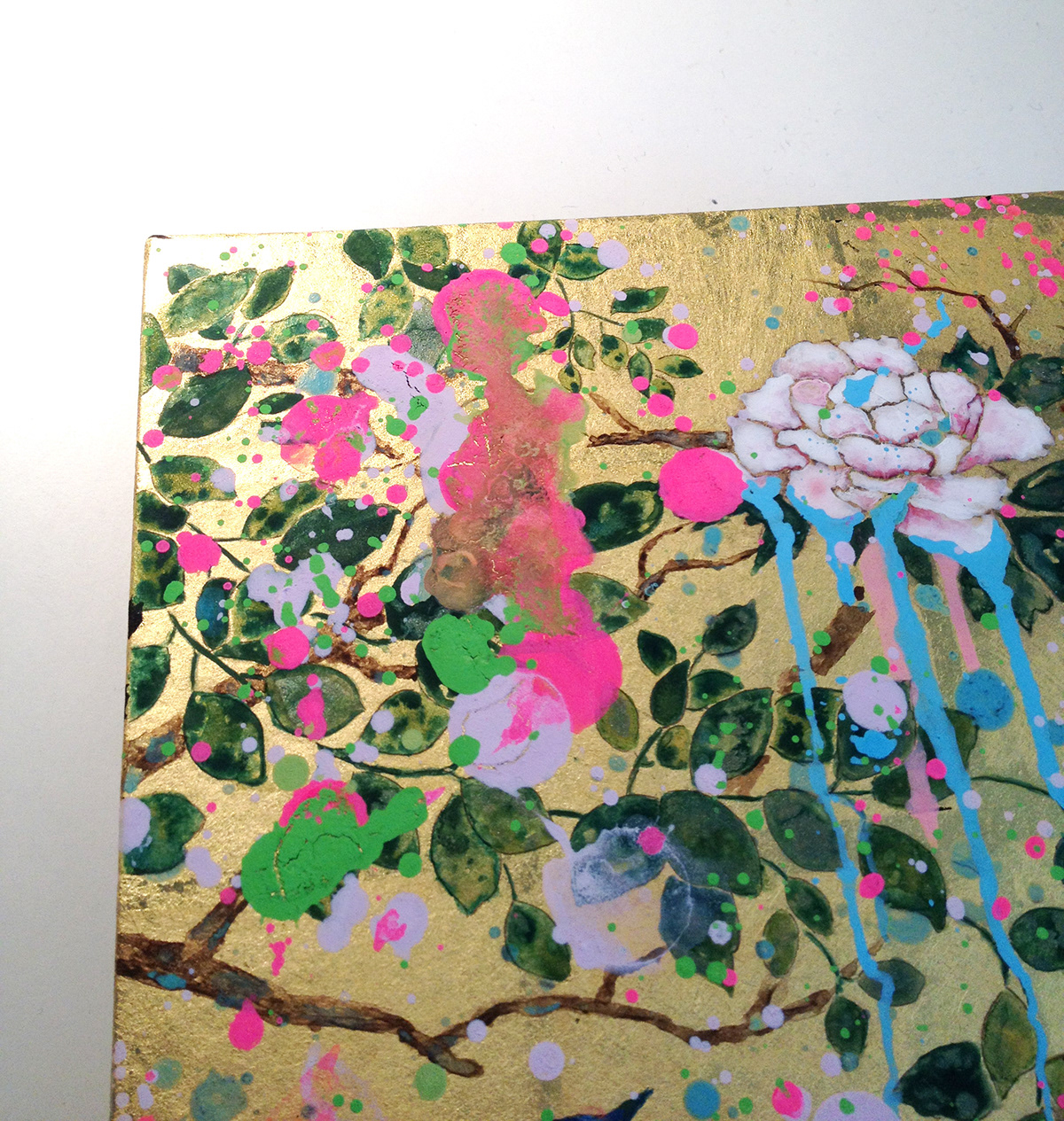 flowers and birds Acrylic paint gold leaf