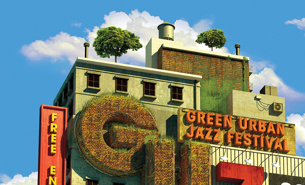 green Urban jazz festival 3D floating city cirly Street swing Tree  cinema4d