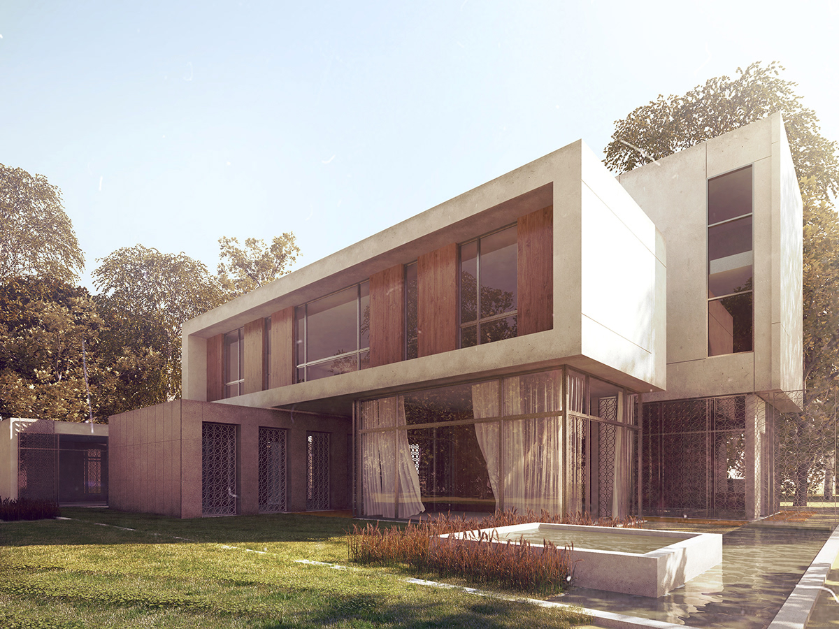 Villa architecture design sunshine garden 60's grass rendering 3D modeling texture light vray 3dsmax Render 3dmax