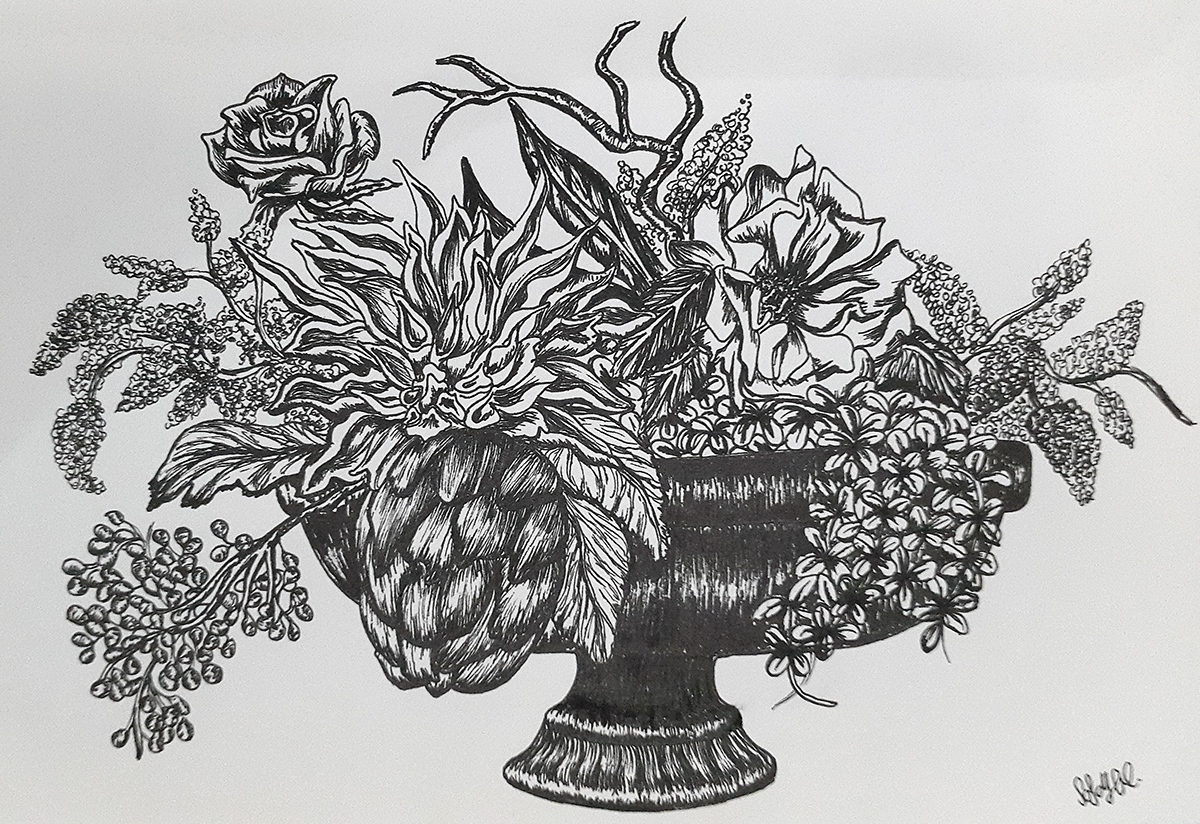 illustrations black White pen pendrawings Flowers toys monkeys hair