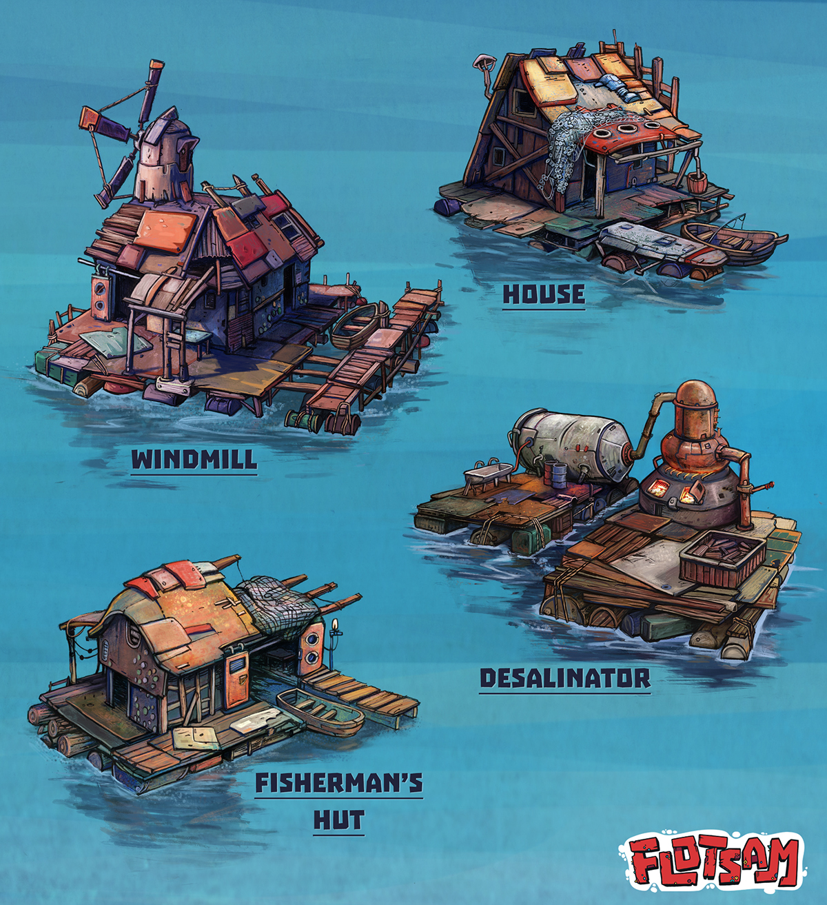 flotsam concept art water sea village post-apocalyptic survival Mockup painterly game environment boat