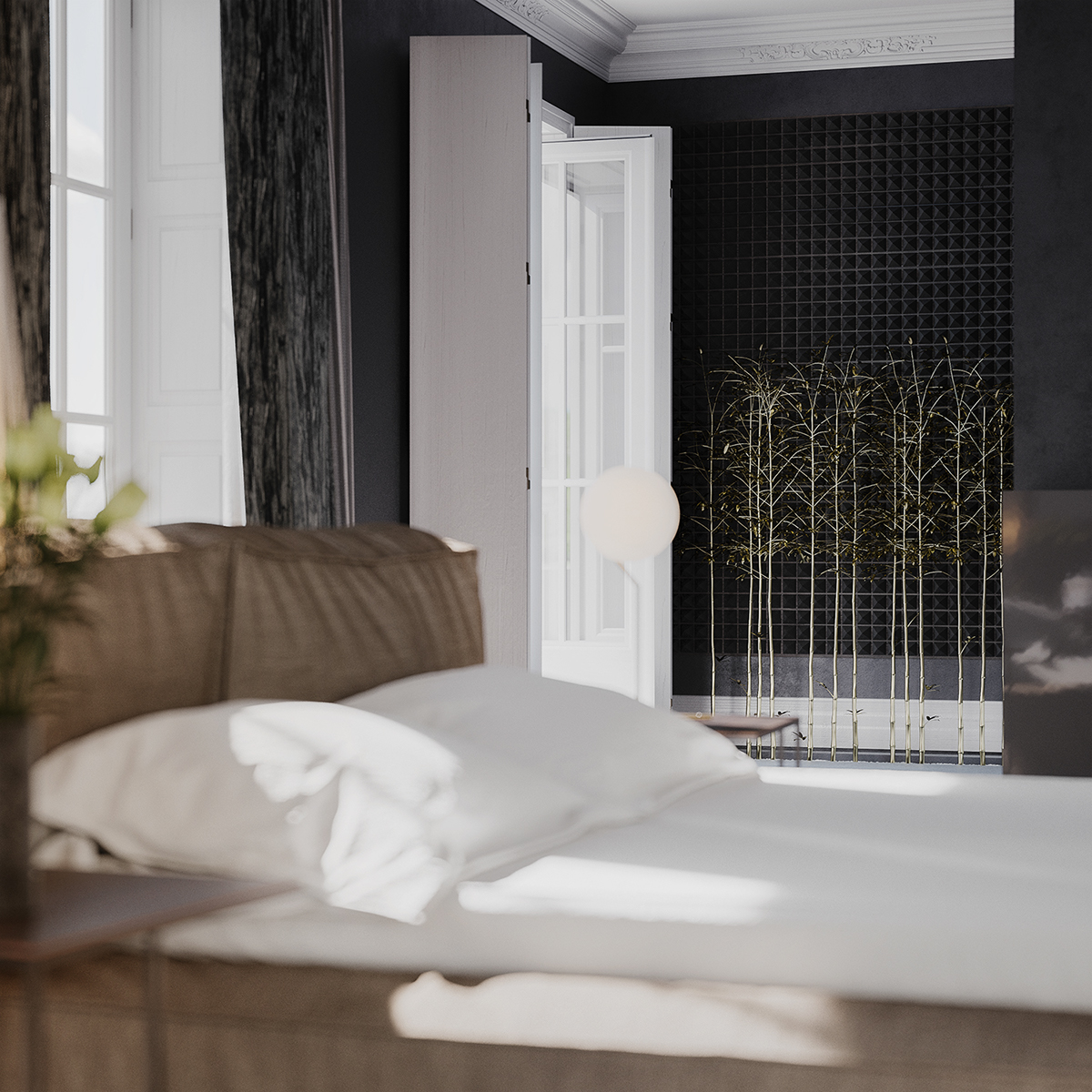 cote d'azur bedroom Interior bed linen bright vray Vizualization Render design Master house furniture modern eclectic