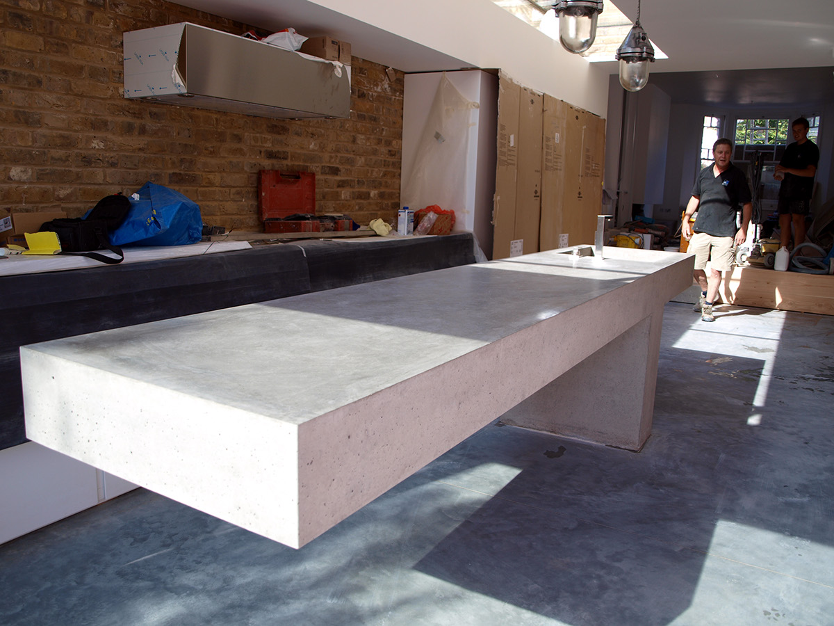 concrete canterlever Canter lever Island kitchen worktop countertop polished In situ formwork