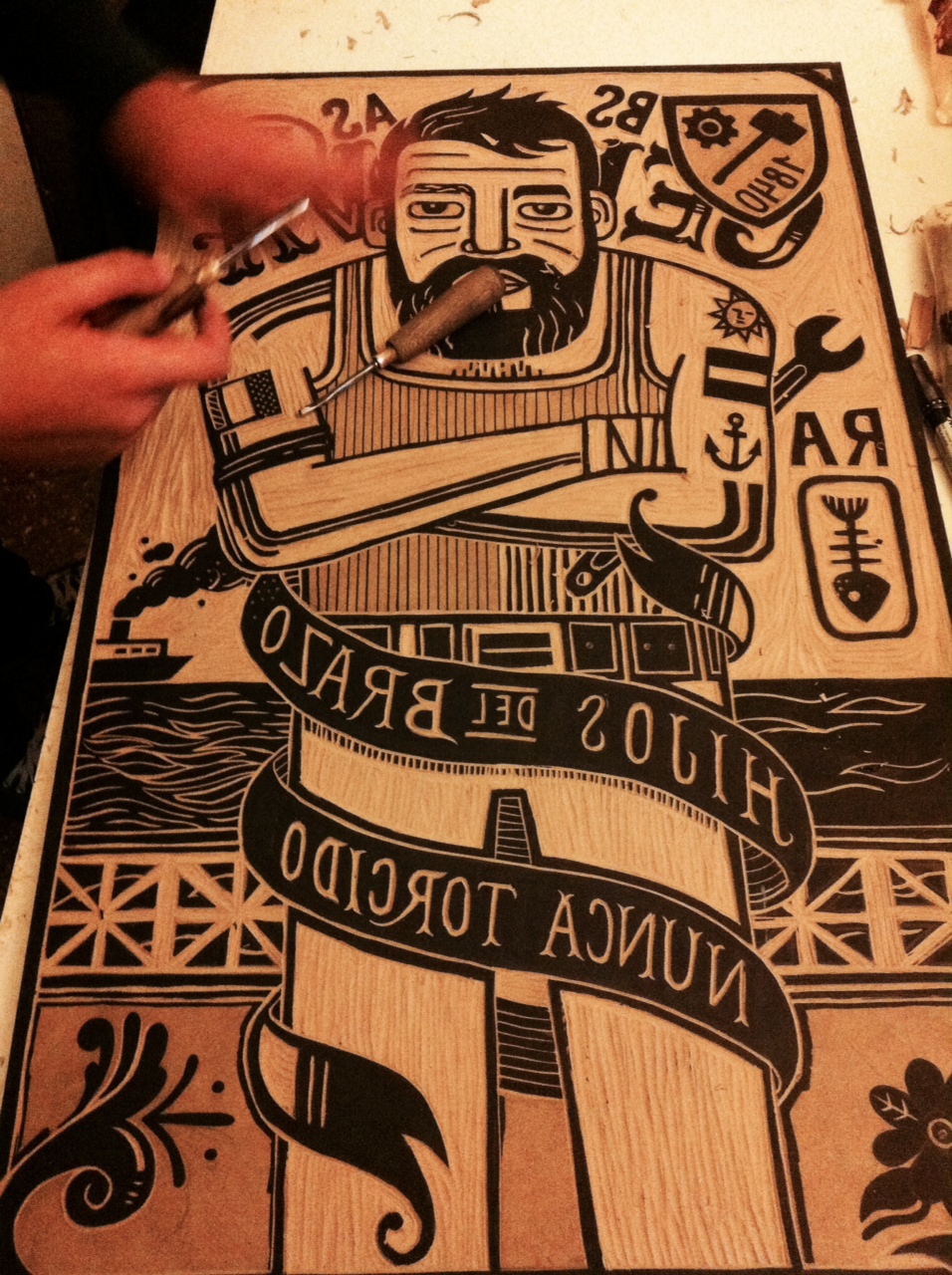 woodcut immigrant print Xilography genova handcraft lettering homemadeprint