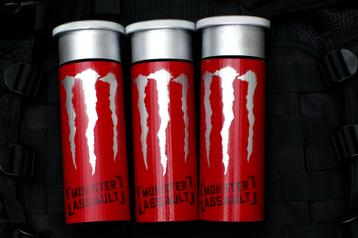 monster energy drink beverage redesign container jonathan tipton-king graphic design package carrier assault four pack assualt shotgun shell