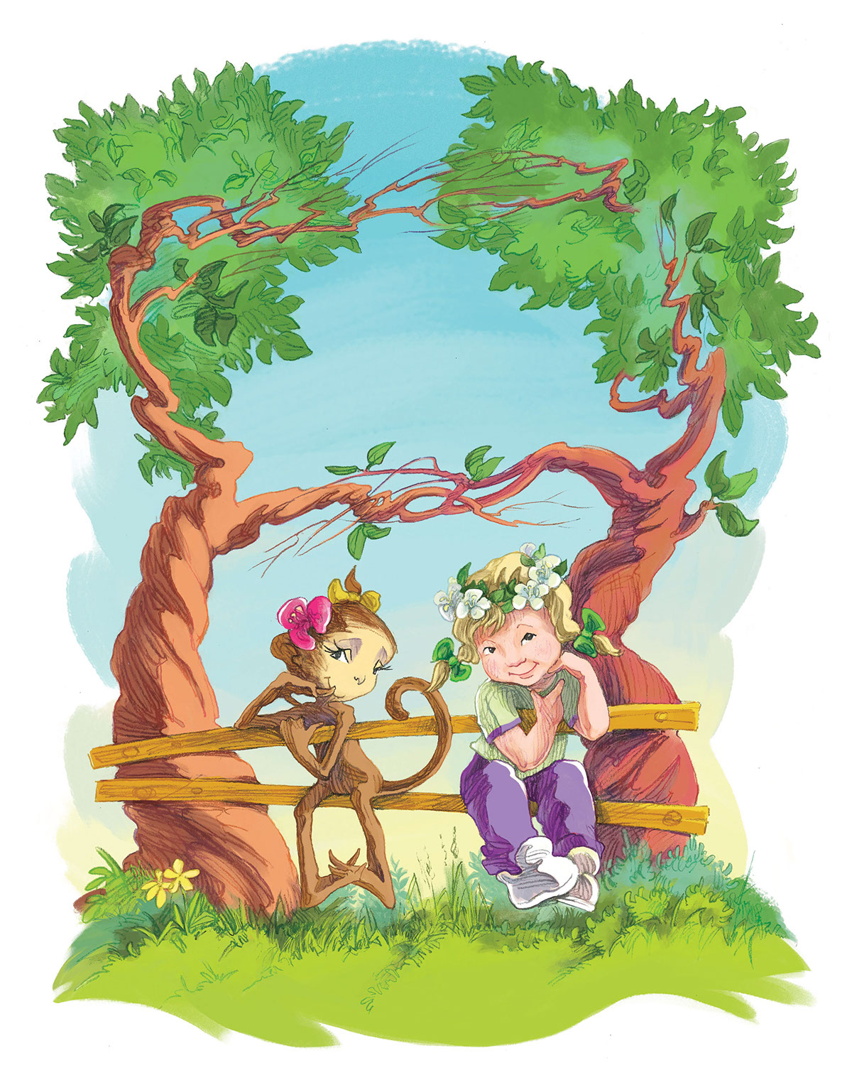 children book small girl monkey fantasy story Fun child cartoon adventure Original style pencil