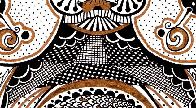 black and gold owls hand drawn pattern