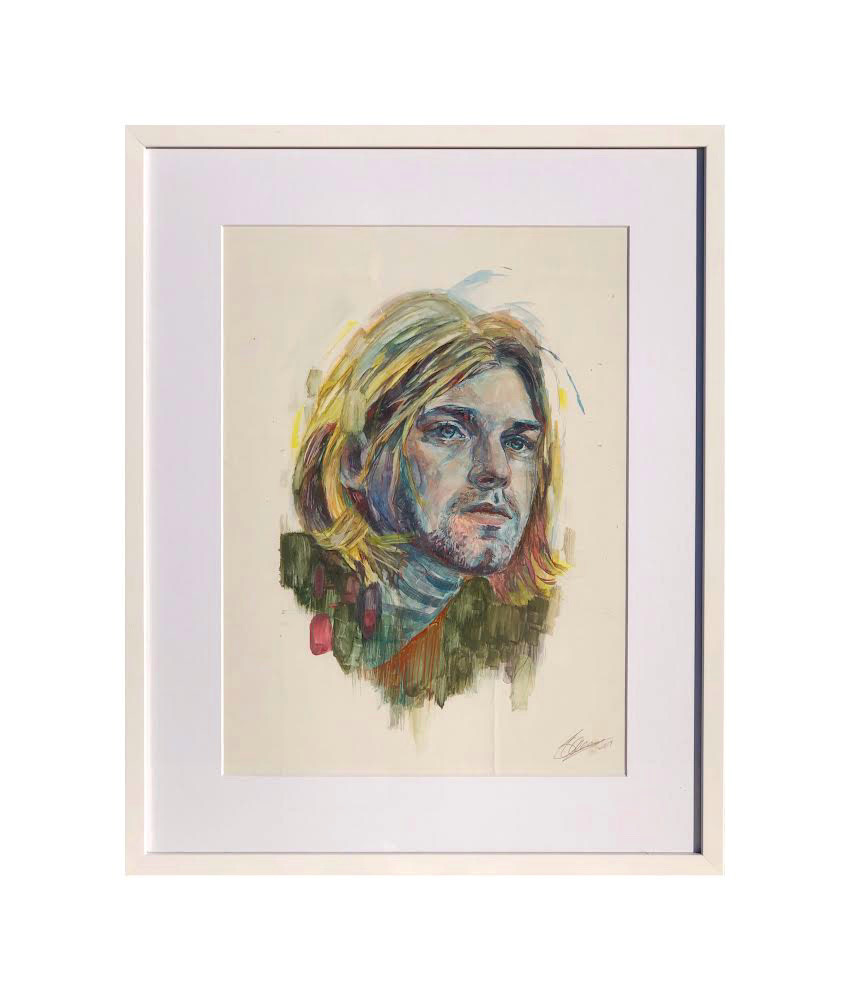 Gouache portrait painting of Kurt Cobain, by Shann Larsson   