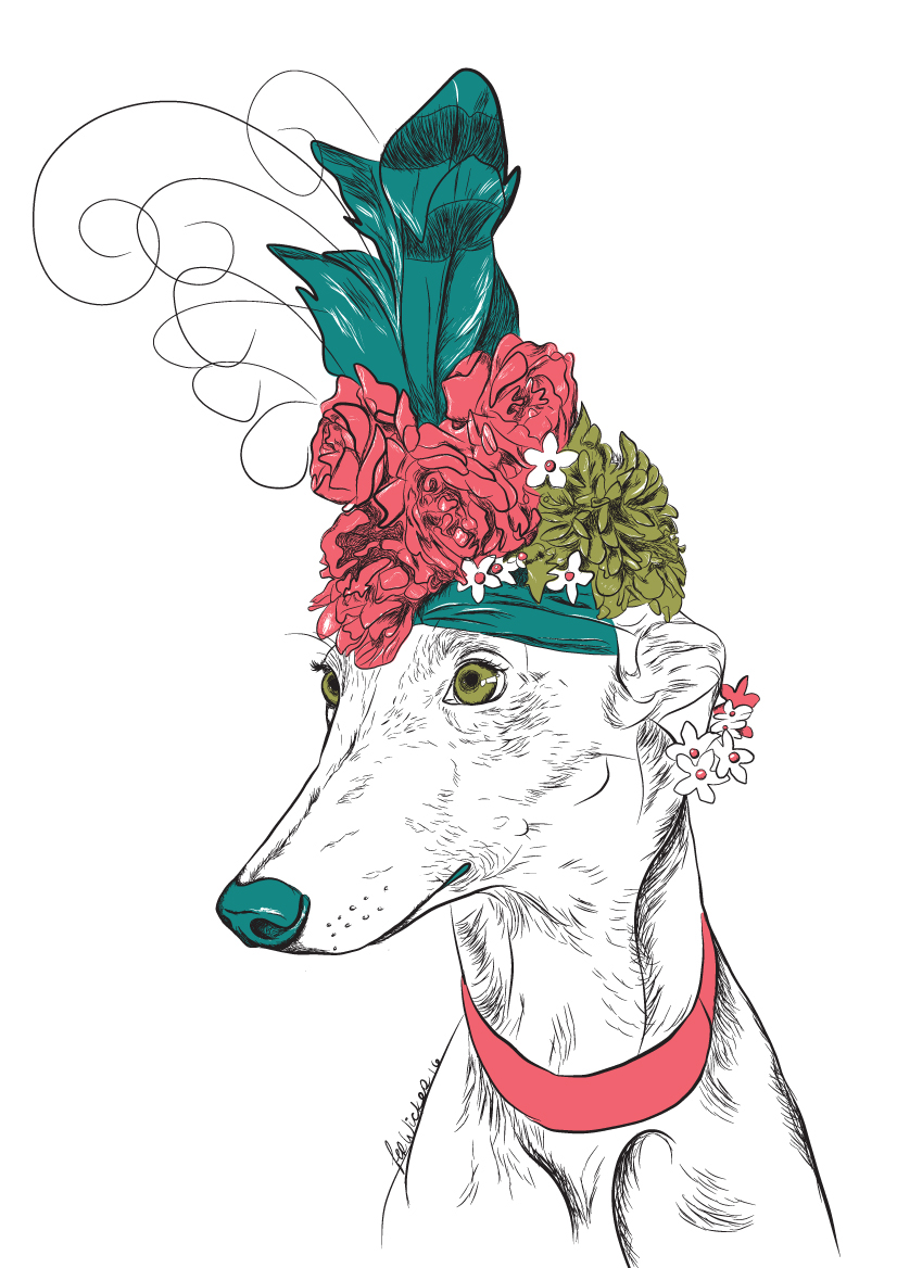 Carmen Miranda greyhound ILLUSTRATION  dog charity rescue Australia miranda Tropical Flowers