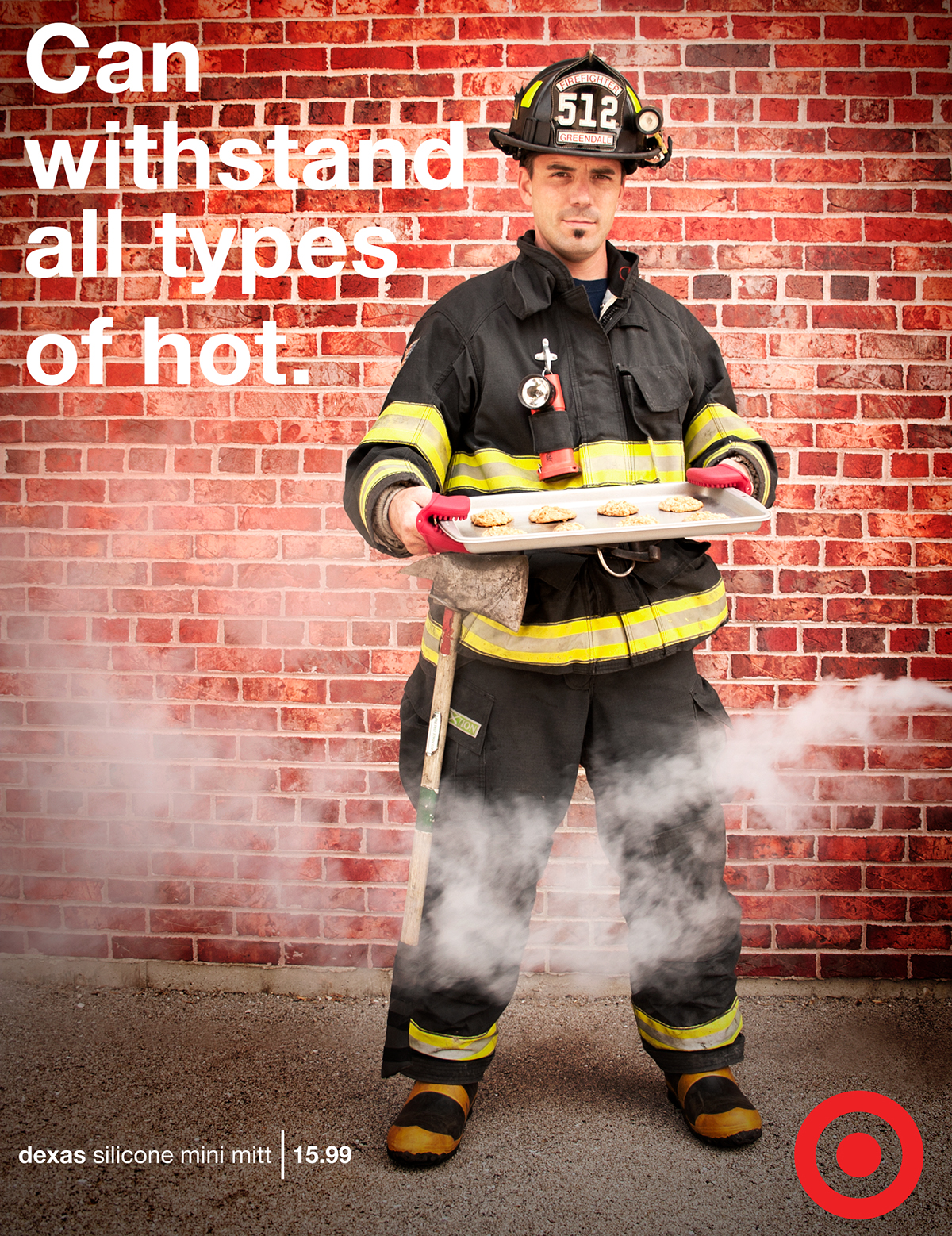 photoshop target advertisement Firefighter cookies  baking  oven mitt  dexas  silicone   fireman smoke  red