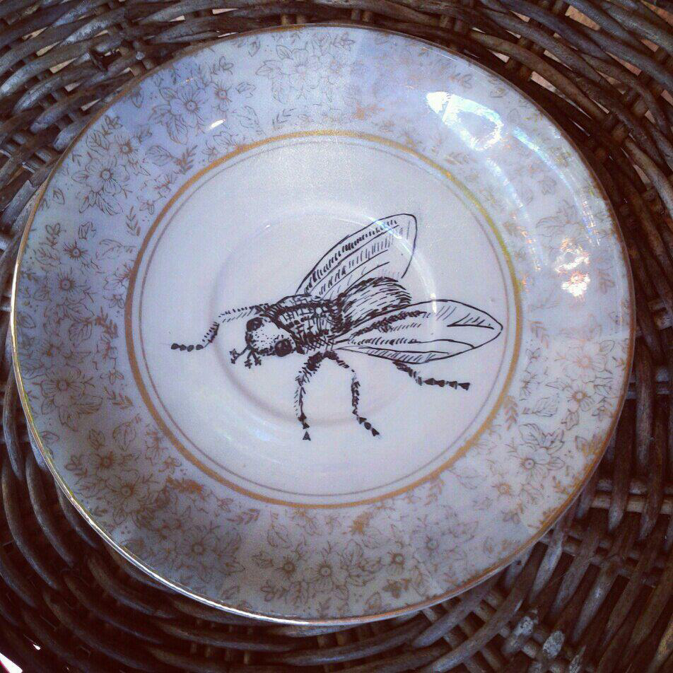 Fly insect china plate iridescent Paint Pen houston art paint pen upcycled upcycled art RECYCLED recycled art