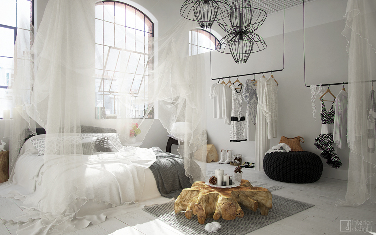 Interior design styling rendering 3D industrial bedroom