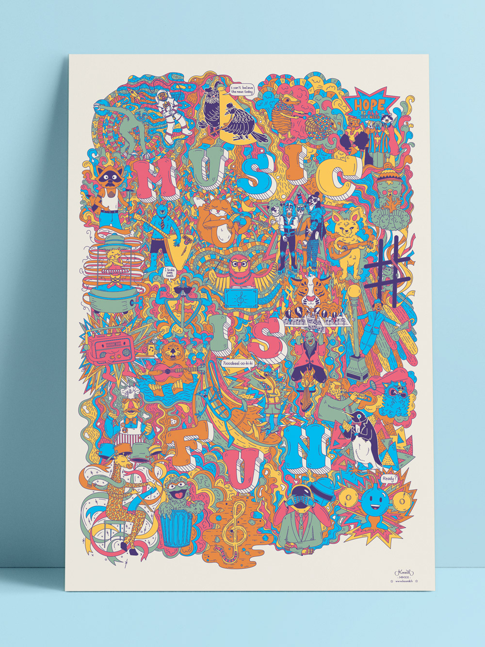Poster ayant pour thème "music is fun" avec un tas de mini dessins liés par les couleurs.