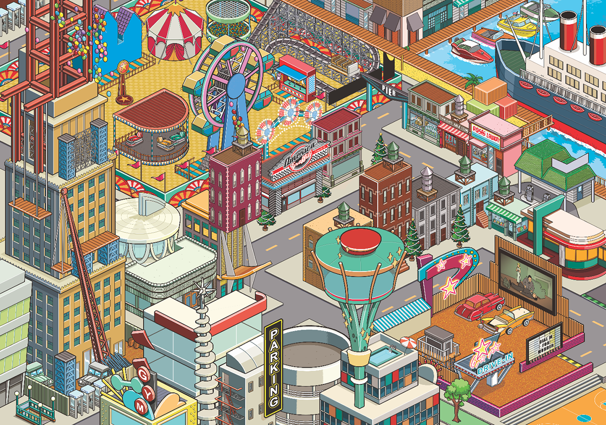 Pixel art Googie Isometric seek and find Where Is Wally detail New York RodHunt IC4Design city
