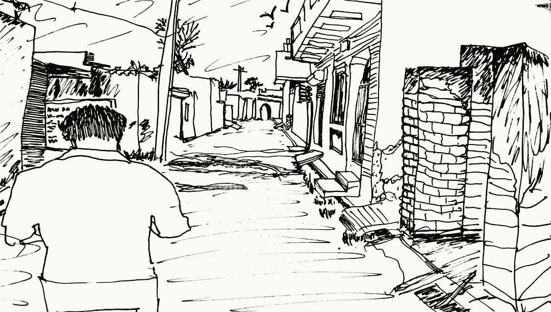 India sketchbook sketching street scenes Village street