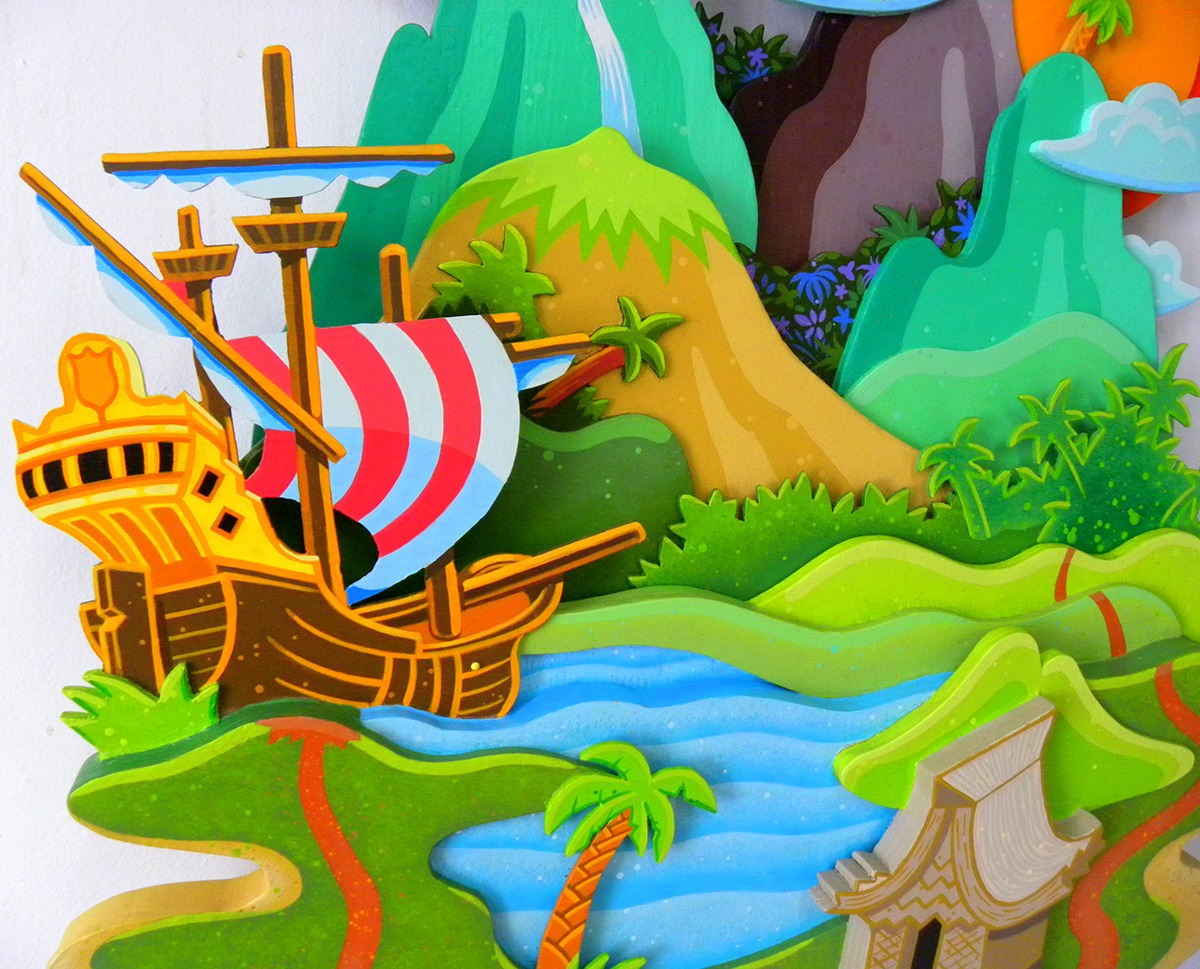 Island paradise midcentury storybook pirate colorful volcano water disney popart