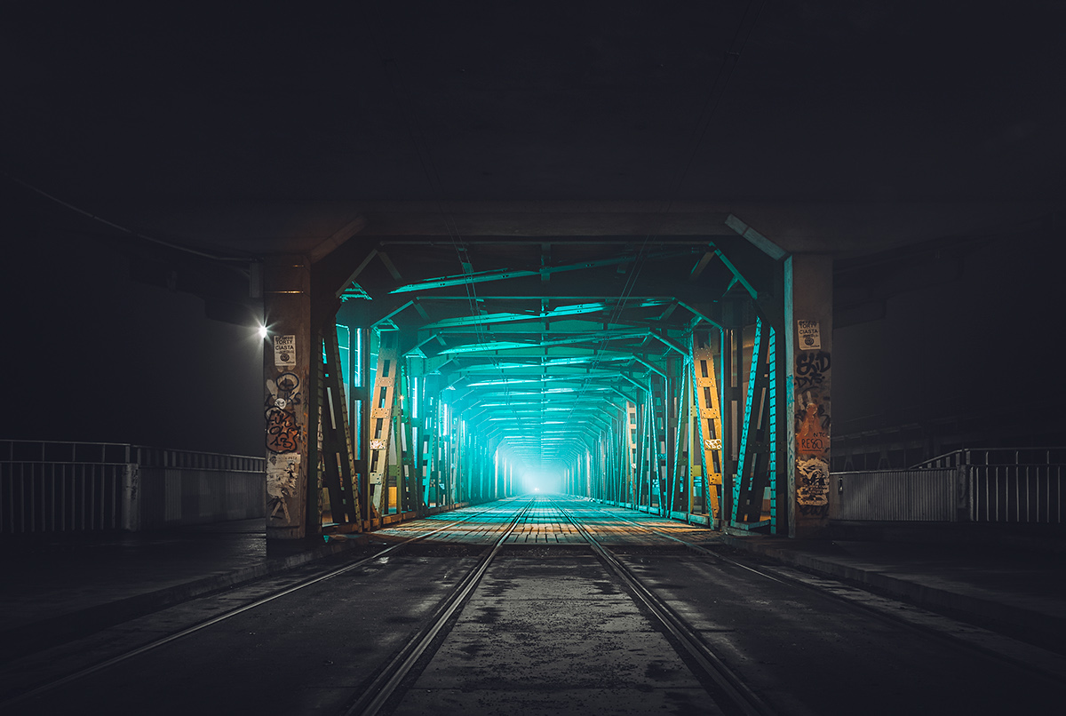 long exposure night mood black and white neon light trails fog warsaw city bridge