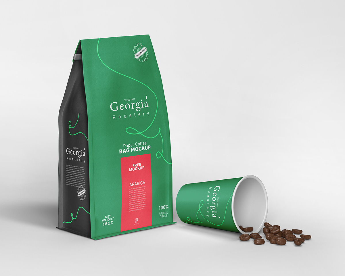 branding  coffee bag coffee cup design free Mockup Packaging paper bag paper coffee bag psd template