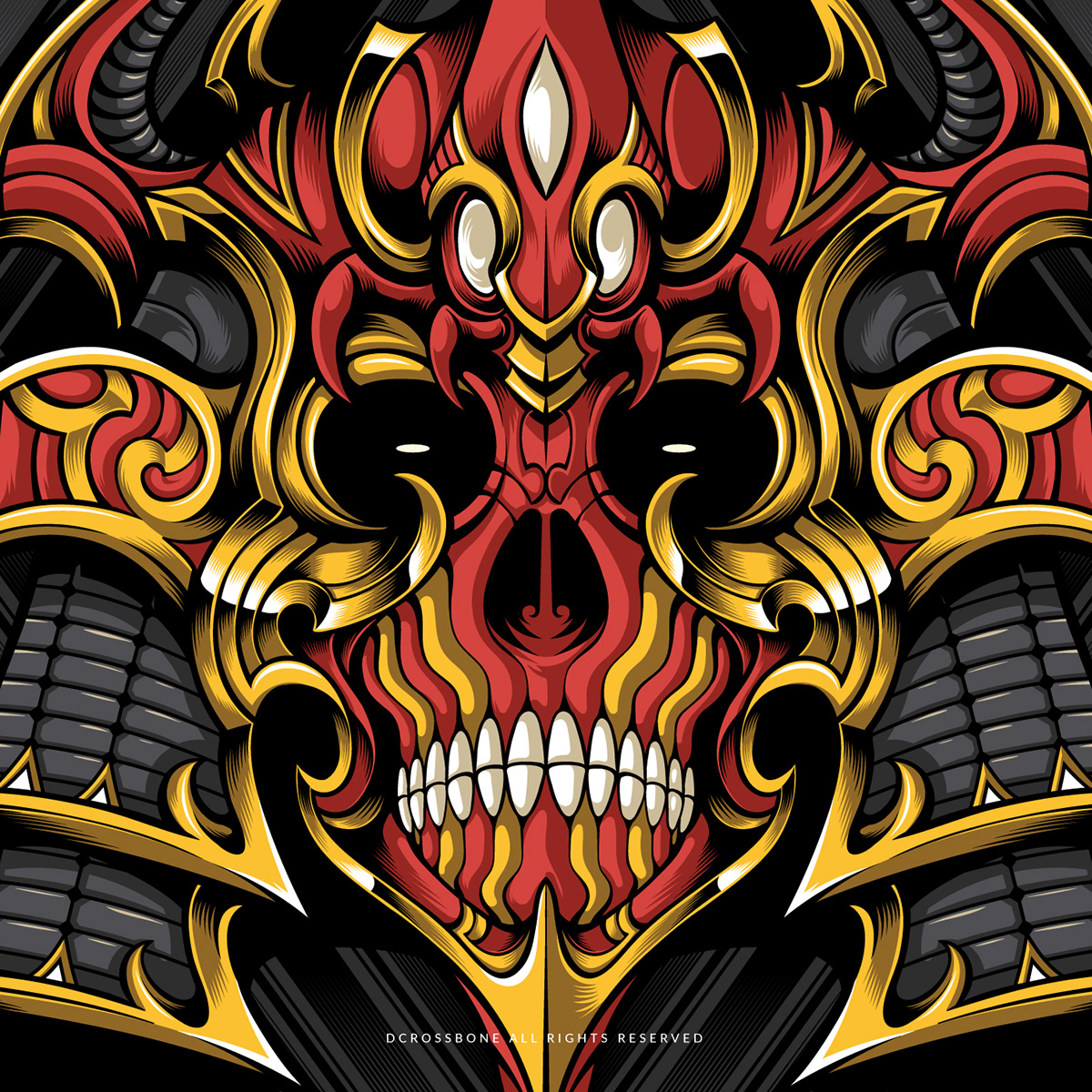 assassin dark demon gold Helmet ornament red samurai skull vector