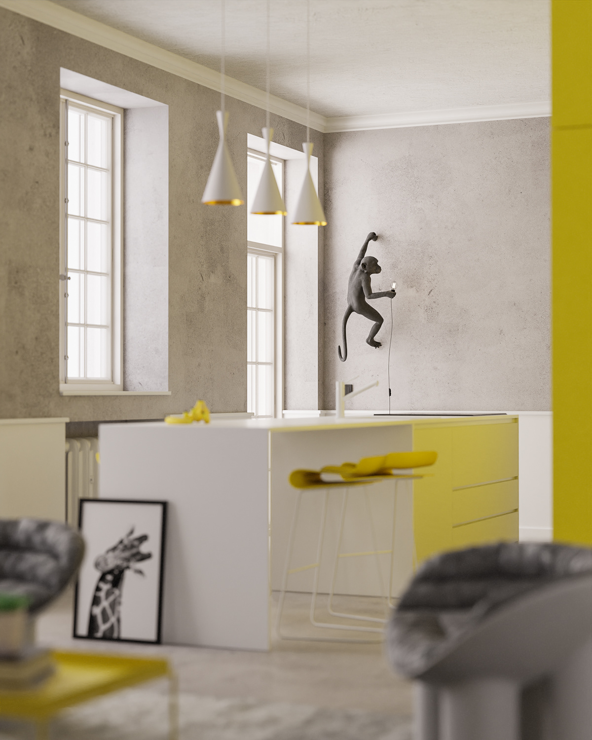 architecture archviz blender CGI cycles design Interior kitchen yellow