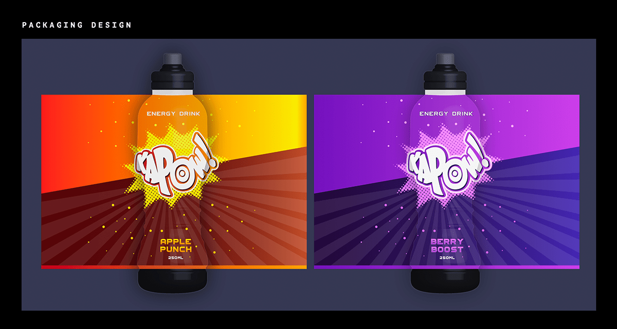 Colourful packing designs for Kapow, beverage company.