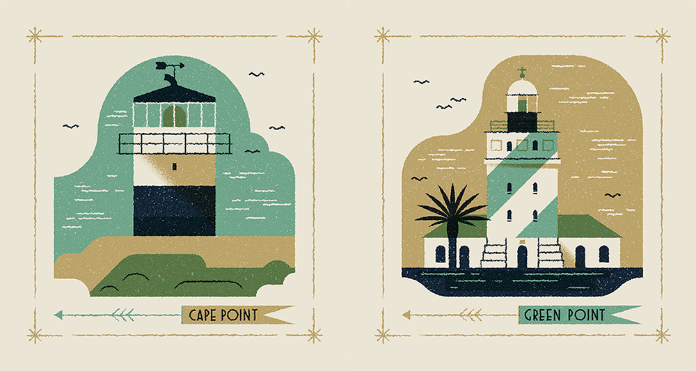 lighthouse Coast Ocean map icons vector texture print poster africa muti graphic lettering flag vintage
