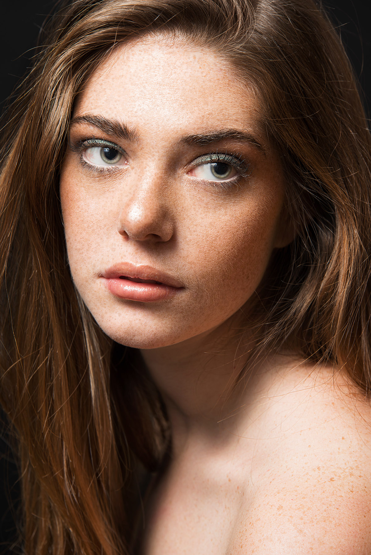 girl model natural skin freckles redhead beauty Beautiful portrait light Make Up lips eyes studio