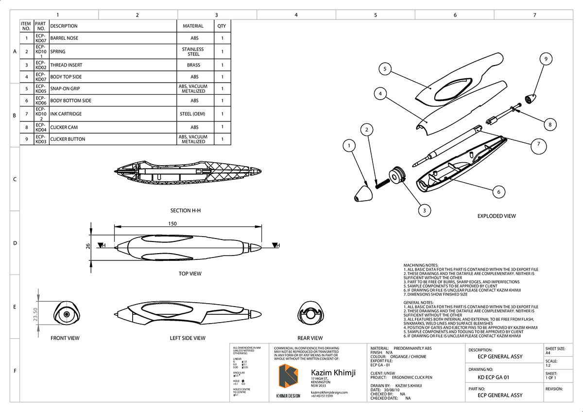 pen Proposal Client redesign UNSW Streamlined ergonomic clicker ink part summary Draft graphic Render