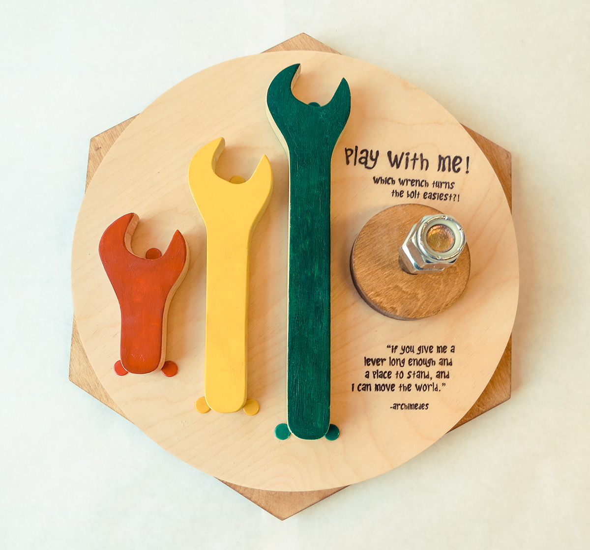 toy child play Wrench Torque green red yellow wood bolt hexagon circle Beautiful risd lever arm