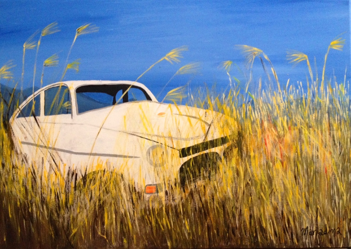 car blue yellow White Abandonment freedom peace quite Old car acrylics