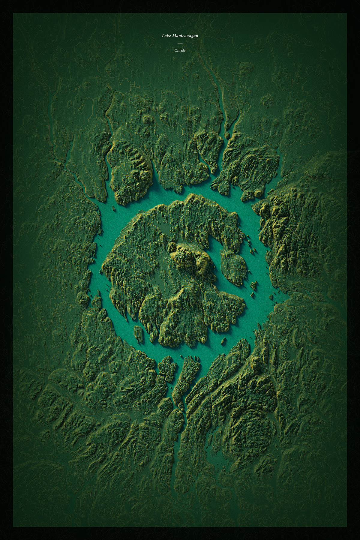 Cartographic map (data visualization) of lake Manicouagan. Tools: Blender, Photoshop, Illustrator