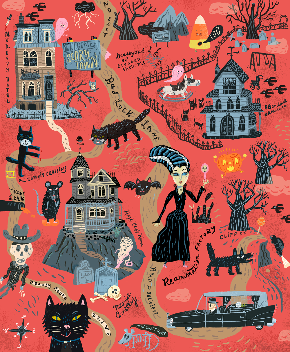 Halloween map gothic pattern hearse Cat creatures monster skeleton haunted