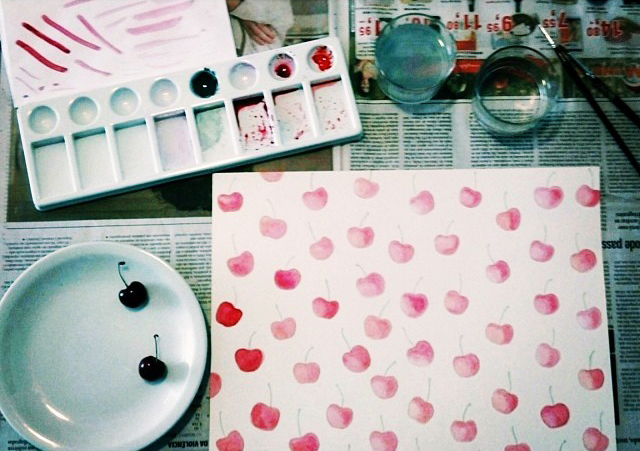 cherry cereja pattern Cherry Bomb aquarela watercolor Estampa rapport