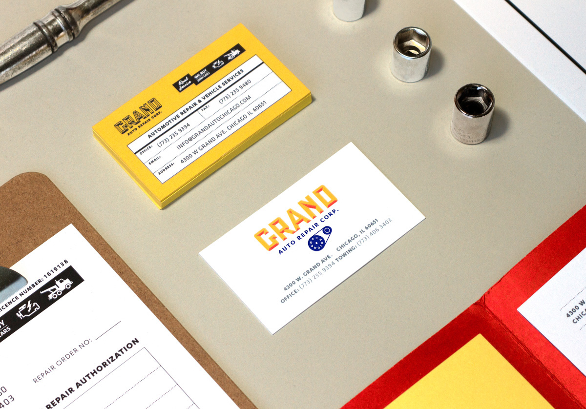 logo business card yellow blue red invoices letterhead Forms tow shop mechanic shop car Auto Parts humboldt park