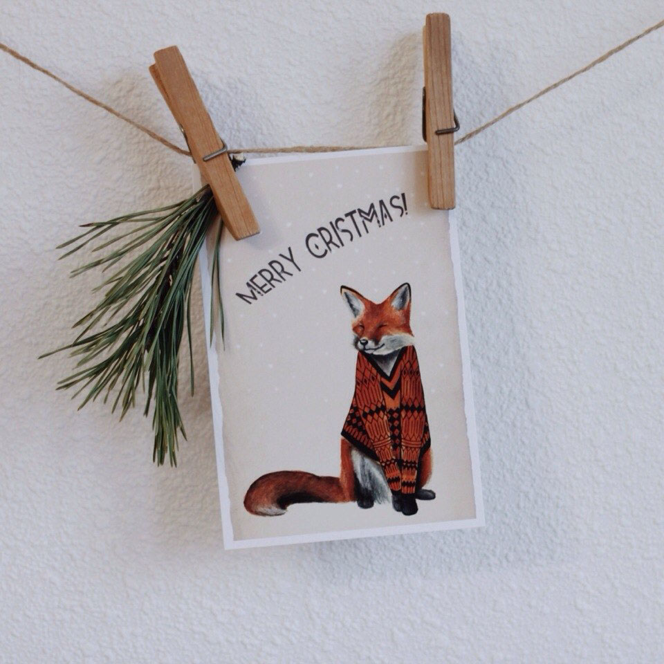 cristmas postcard watercolor cristmascard merrychristmas FOX dear owl