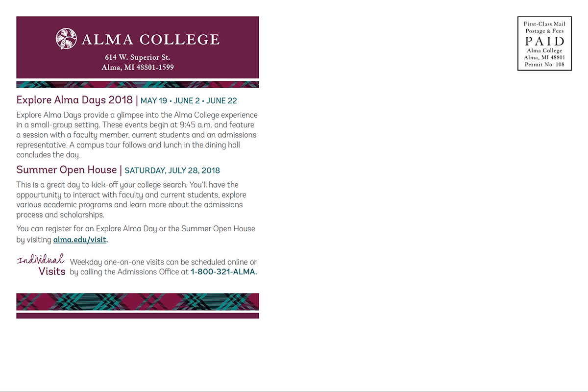 Admissions Alma College branding campaign college higher education plaid postcard design tartan University