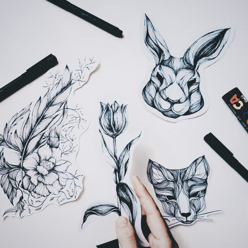 sketch tattoo artist linework animals rabbit pencil graphic Posca liner paper