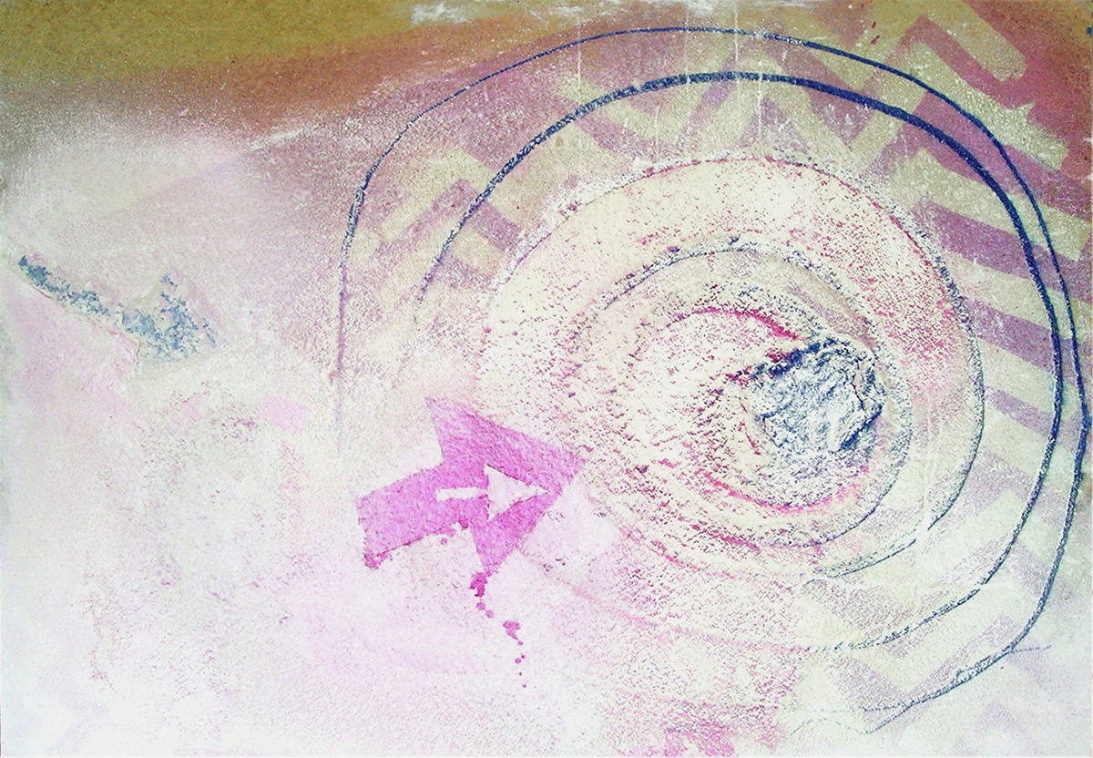 Abstract informel painting Wheel of light 2004. mixed media / acrylic, pigment powder on masonite