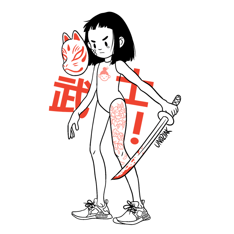 samurai girl Sword kitsune mask japanese ILLUSTRATION  Character design  poster