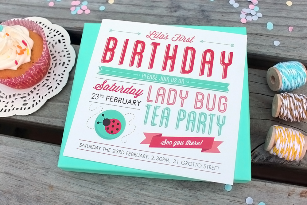 Lisa Ryan Design. Invitation invite Playful childish party Birthday card contemporary vintage Modern Vintage Retro banners