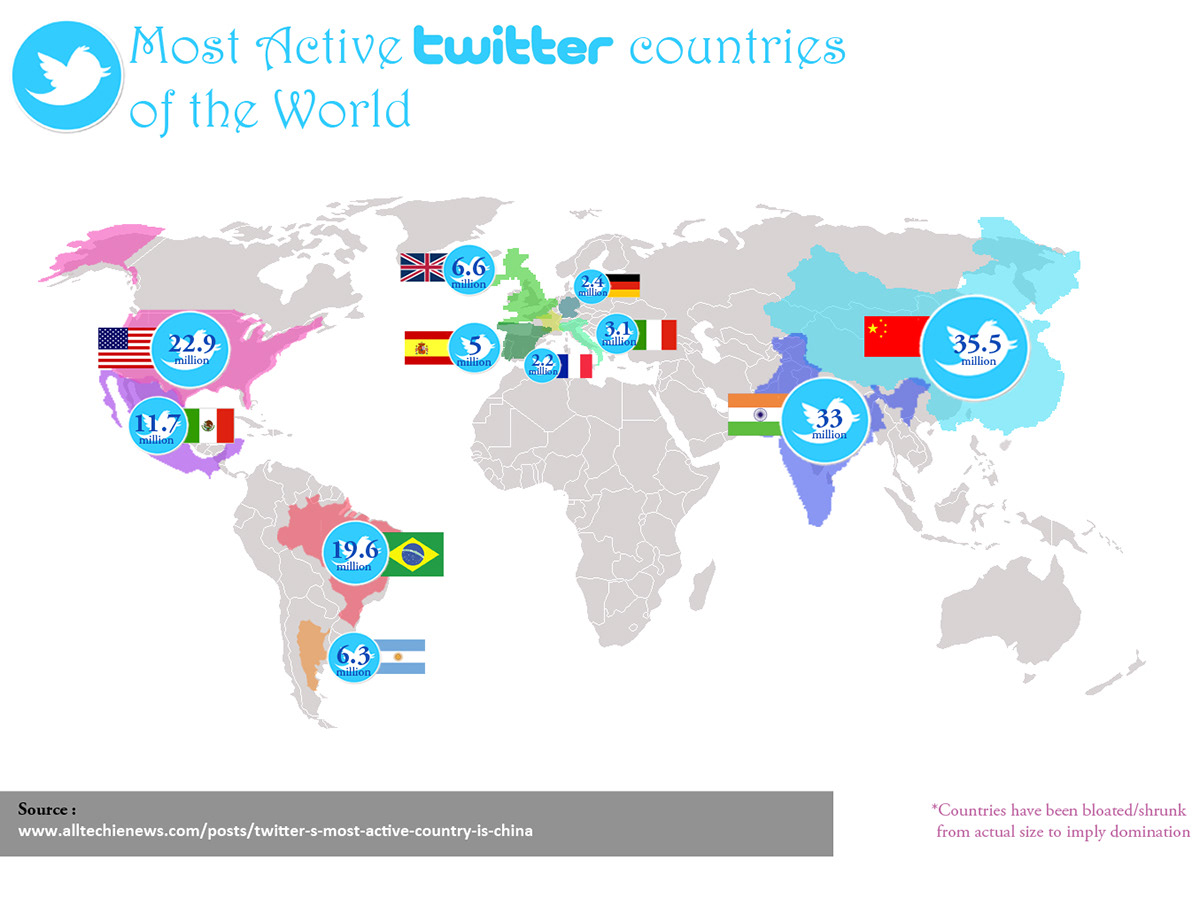Twitter users  world map  active users Twitter world twitter countries twitter