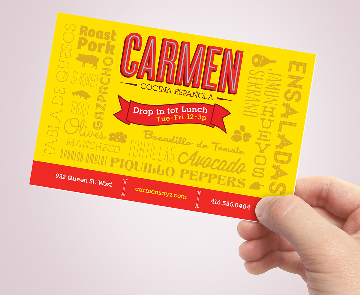 restaurant Food  spanish type print business card postcard menu  website sign yellow red blue inline condensed