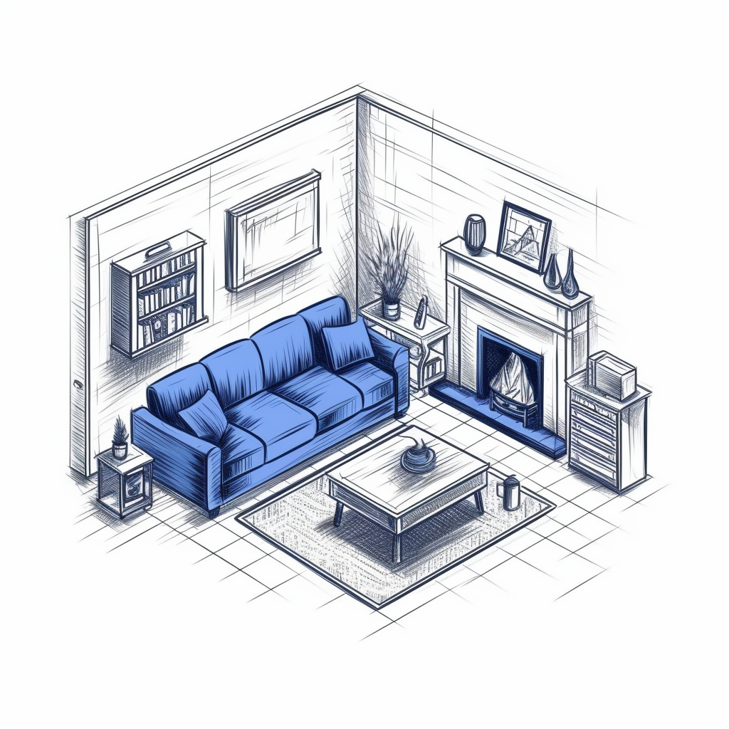 sketch living room Isometric Blueprint Couch furniture fireplace Interior interior design 