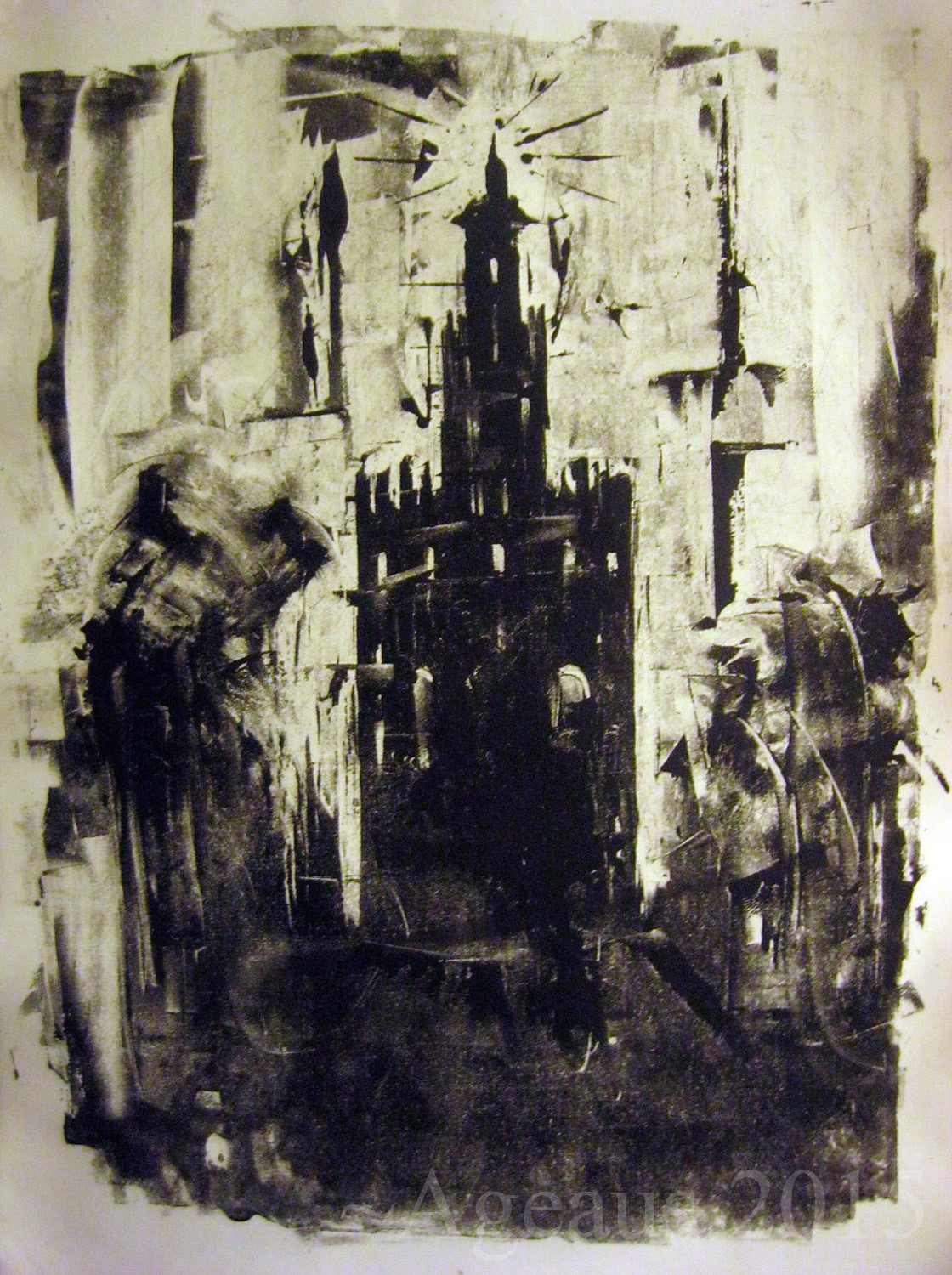 printmaking print monotype gothic atmospheric tower Al-Andalus islamic spain sevilla ageaus vesperbat ink on paper