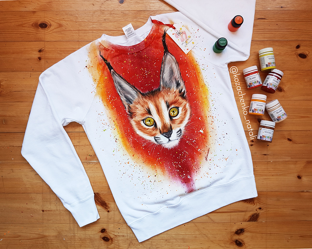 handpainted clothes Sweatshirt Caracal painted on clothes Caracal art art