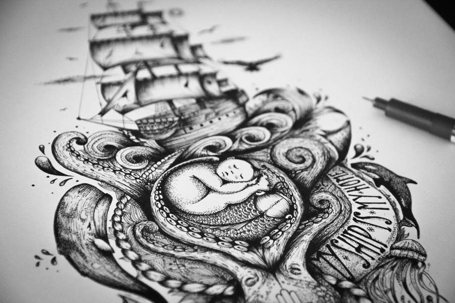 fish ship octopus Whale orqua wave draw handmade poster