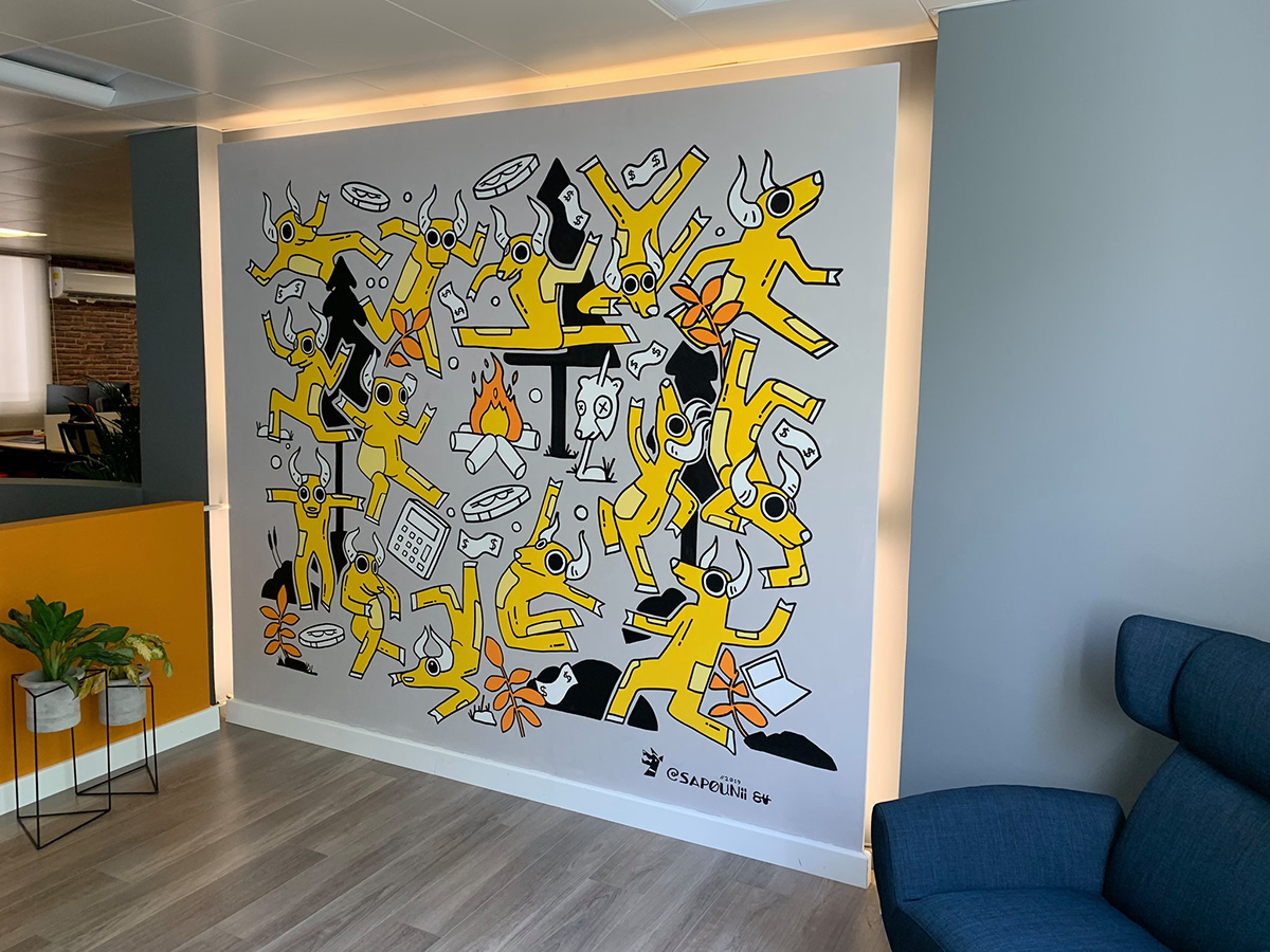 Mural painting   Office paint ILLUSTRATION  charachter DANCE   wall