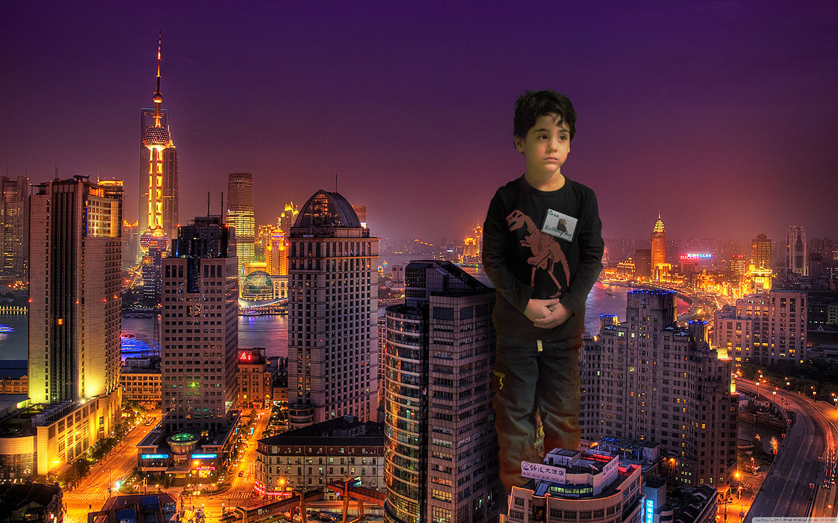 city kid boy lights buildings standing Lost Boy