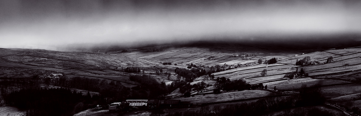 Landscape panorama Tree  hill valley weardale farm building sunset black and white   colour  sproates  wear dale   county durham  Summer