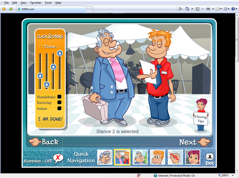 eLearning online training simulation selling skills Interactive Education Flash sales training character animation